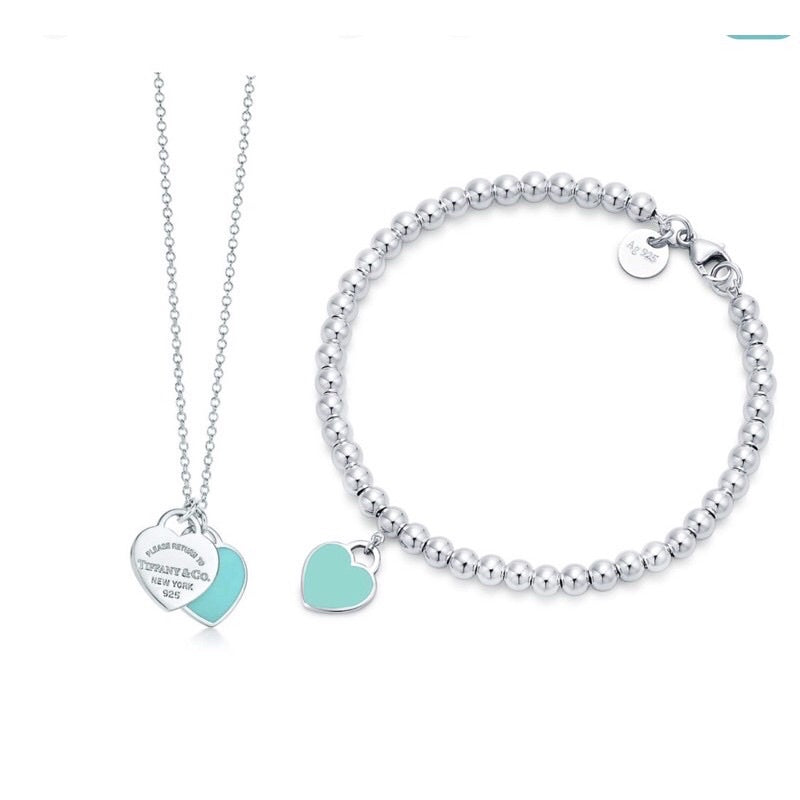 Conjunto Colar Dois Corações e Pulseira de Bolinhas com Coração em Prata 925